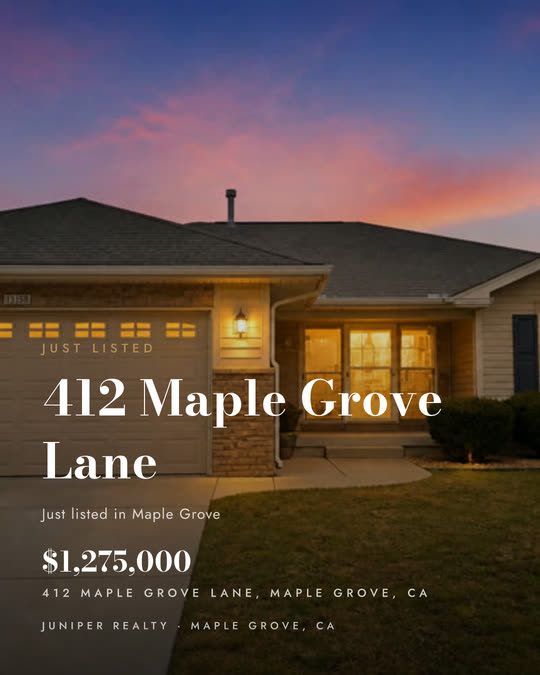 Twilight exterior of 412 Maple Grove Lane